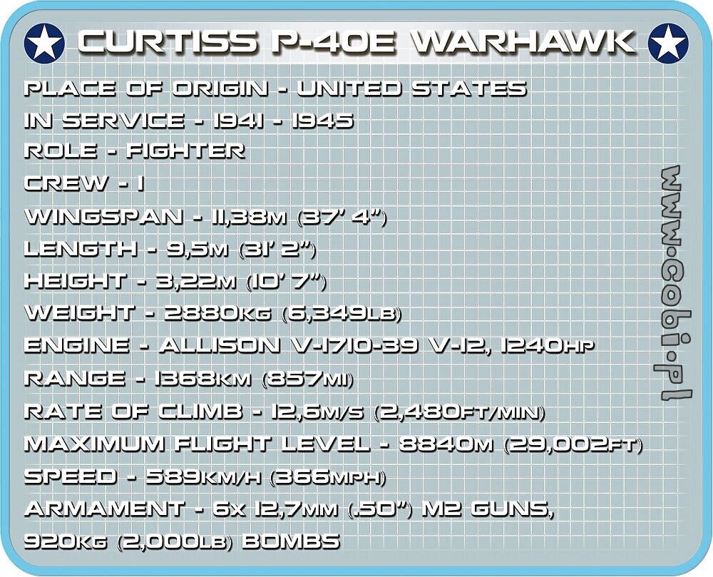 COBI 5706 Curtiss p-40e Warhawk WWII elementi costitutivi 272/1 personaggio scale 1:35 Novità! 