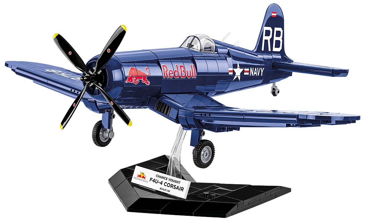 Model myśliwca CHANCE VOUGHT F4U-4 CORSAIR na podstawce ekspozycyjnej z tabliczką kolekcjonerską.