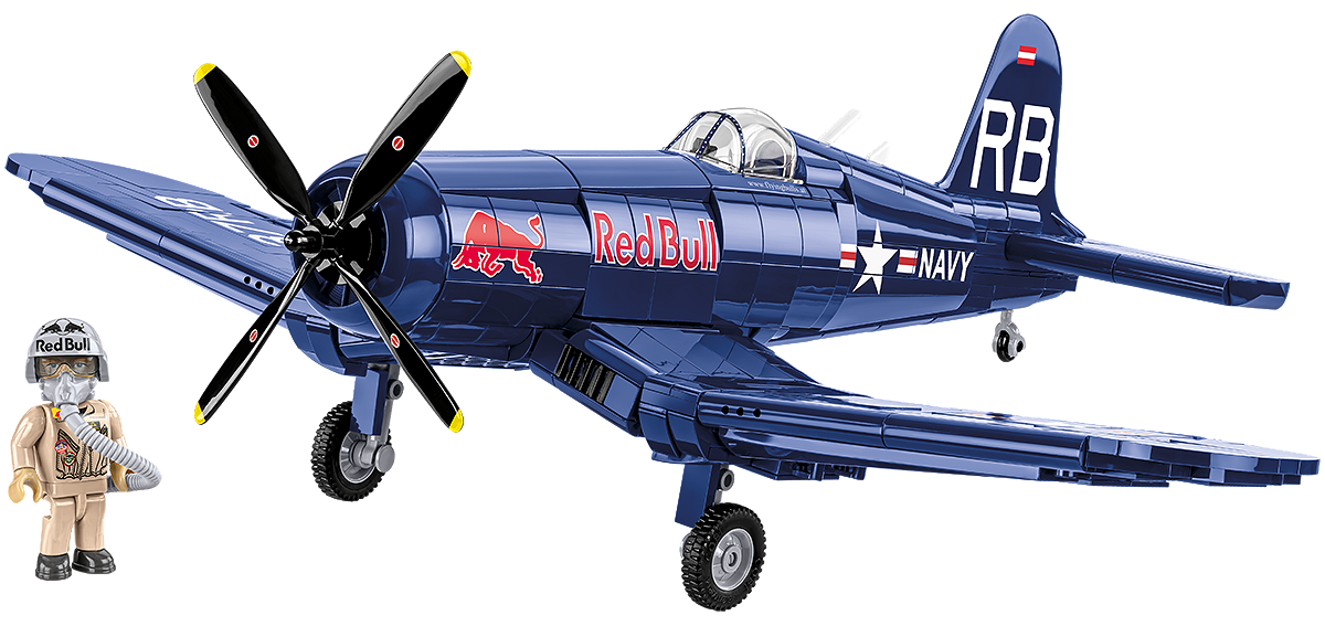 Model myśliwca CHANCE VOUGHT F4U-4 CORSAIR wraz ze stojącą obok figurką pilota.