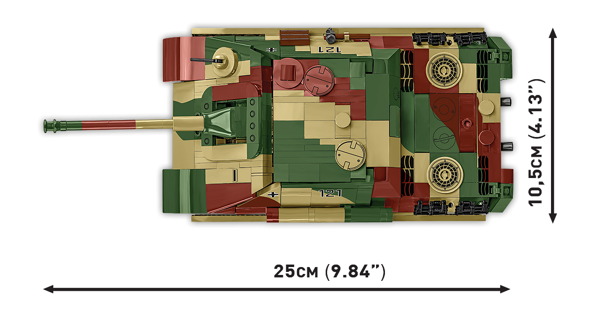 Widok z góry na model Jagdpanther Sd.Kfz. 173 z oznaczeniem wymiarów.
