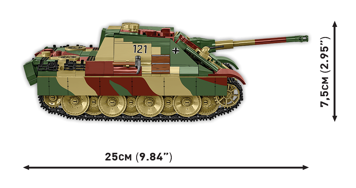 Widok z boku na model Jagdpanther Sd.Kfz. 173 z oznaczeniem wymiarów.