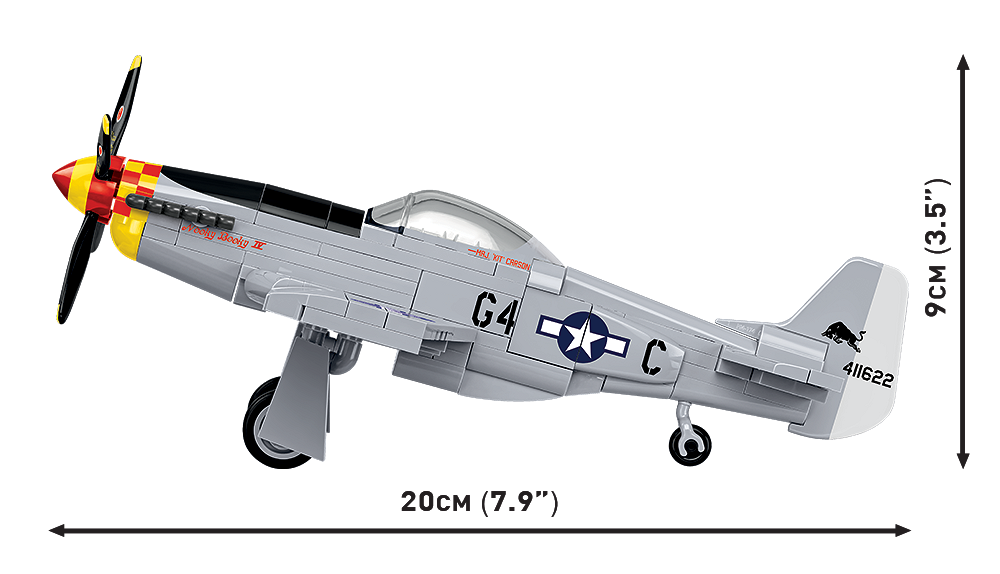 Widok z boku na model myśliwca NORTH AMERICAN P-51D MUSTANG™ z oznaczeniem wymiarów.