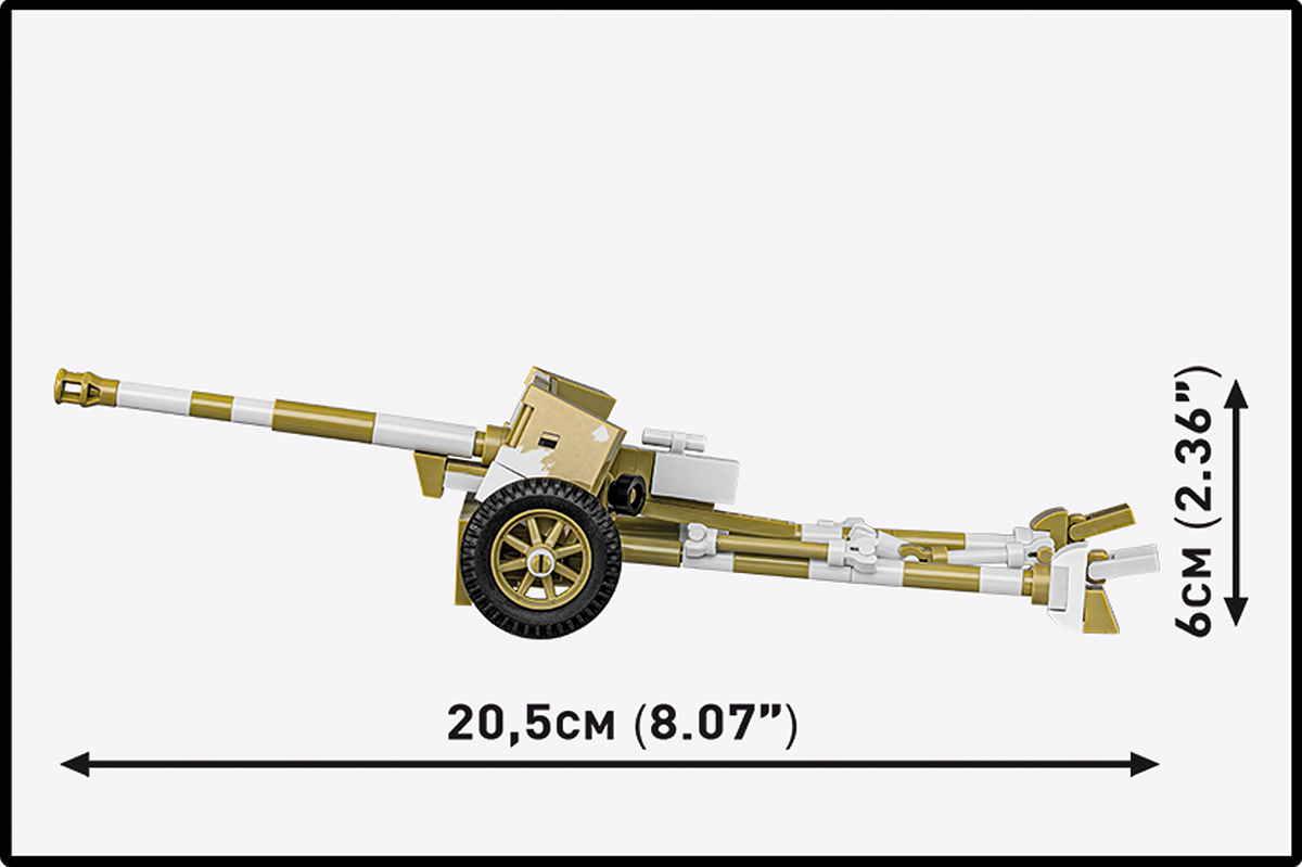 Złożony model armaty przeciwpancernej 7,5 cm PaK 40 z oznaczeniem wymiarów.