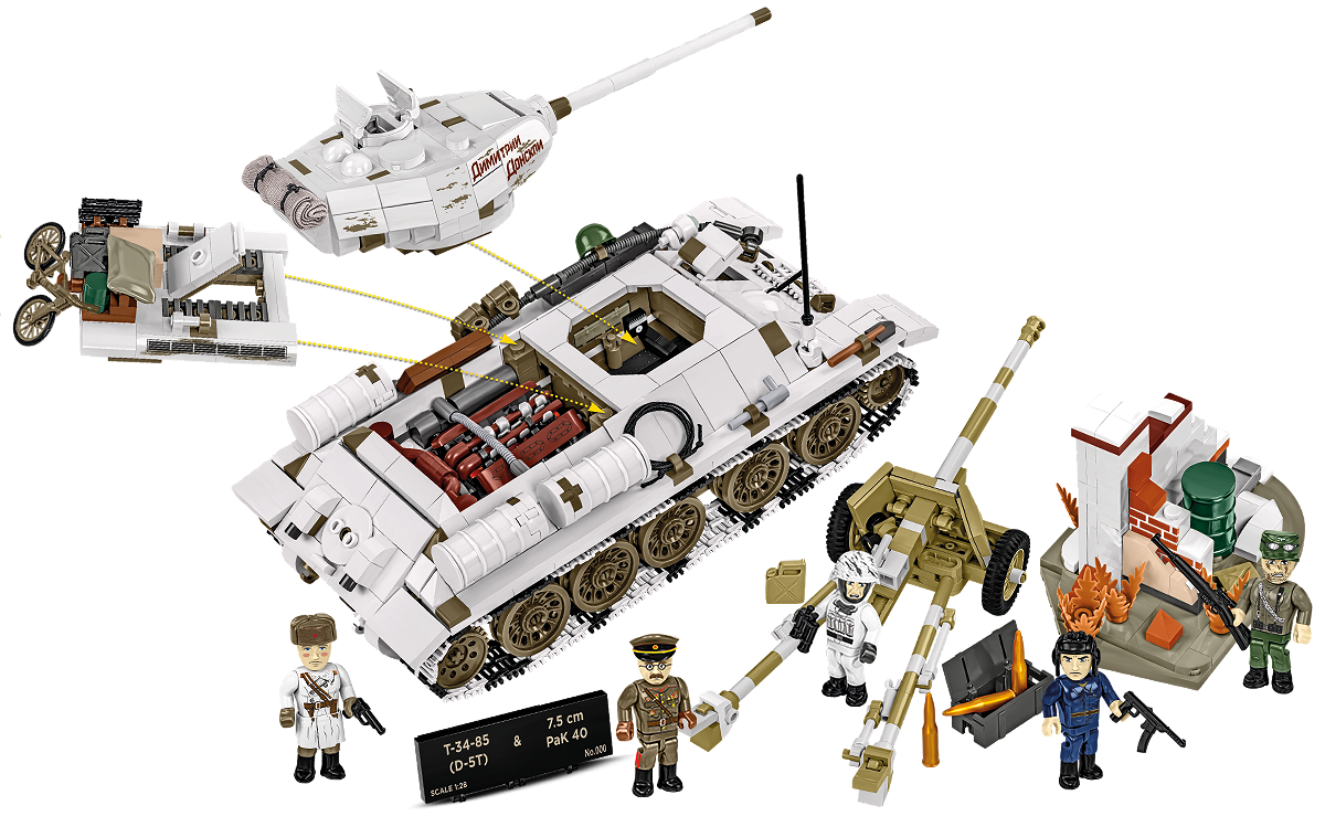 Kompletna zawartość zestawu obejmująca figurki, dioramę i model czołgu T-34-85 z prezentacją ruchomych i funkcjonalnych elementów.