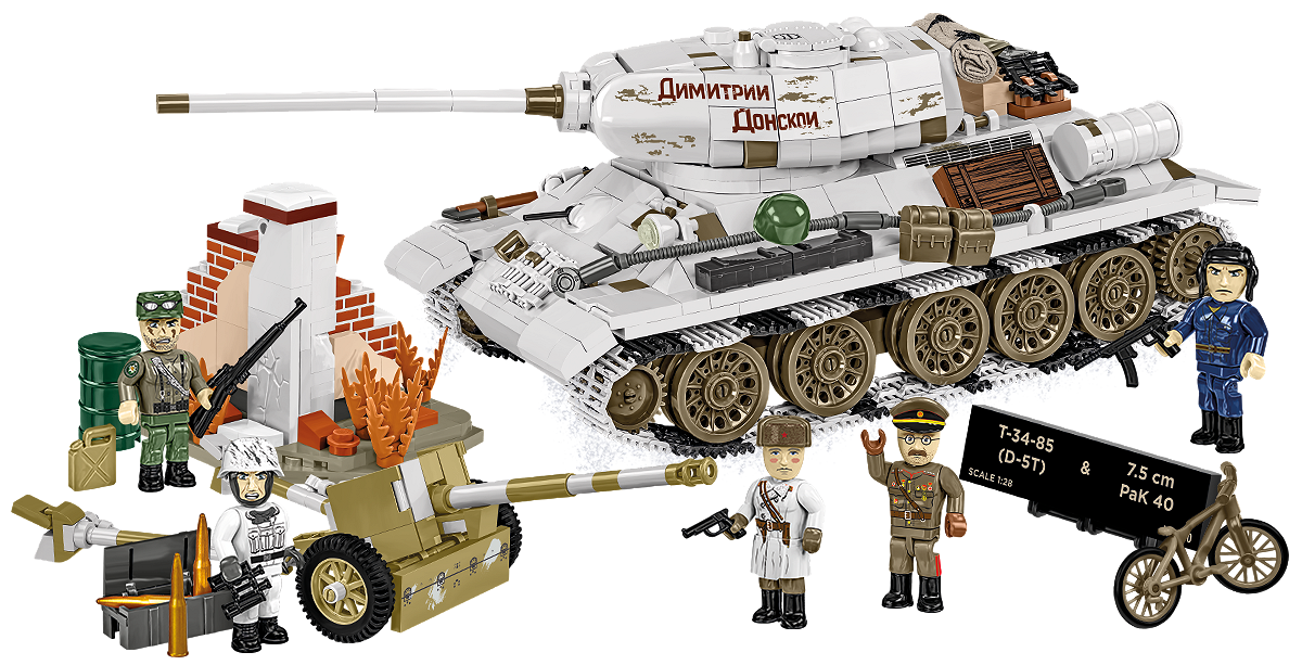 Kompletna zawartość zestawu obejmująca czołg T-34-85, armatę 7,5 cm PaK 40, figurki, dioramę oraz akcesoria.