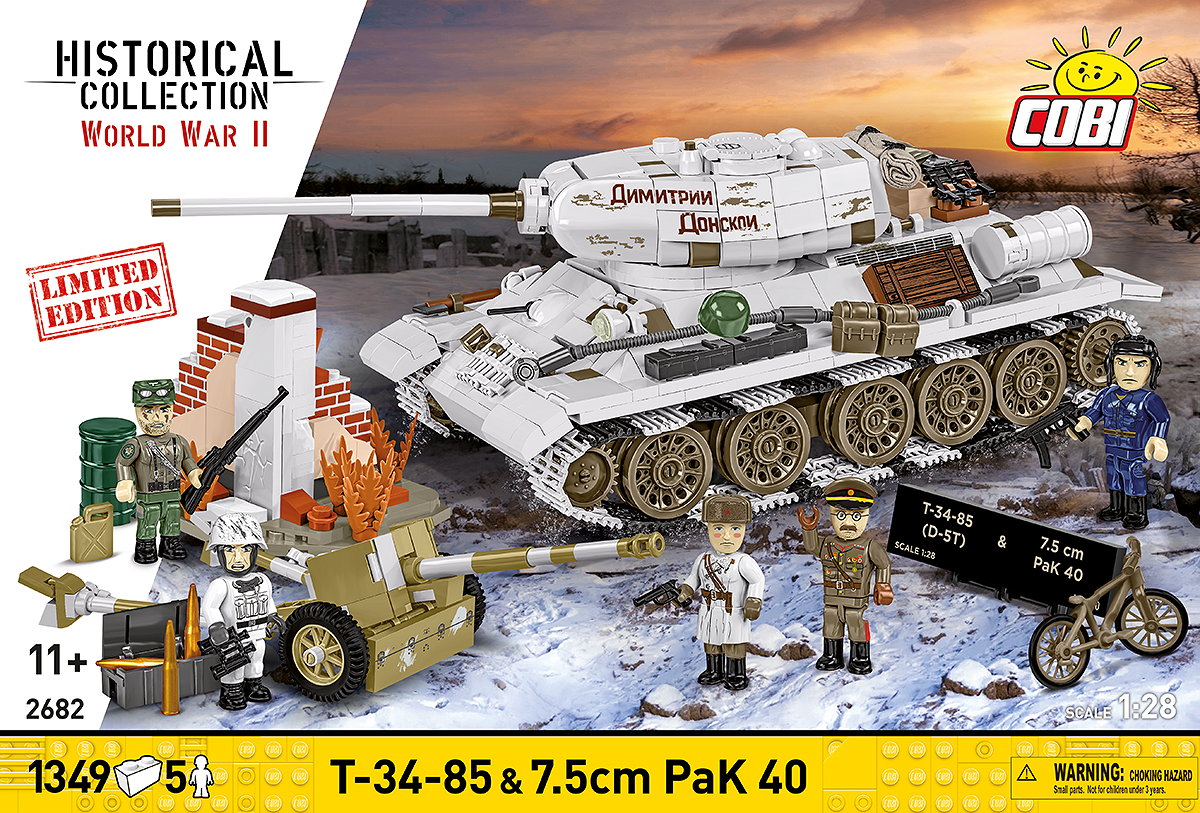 Front opakowania zestawu z modelem czołgu T-34-85 i armatą przeciwpancerną 7,5 cm PaK 40.