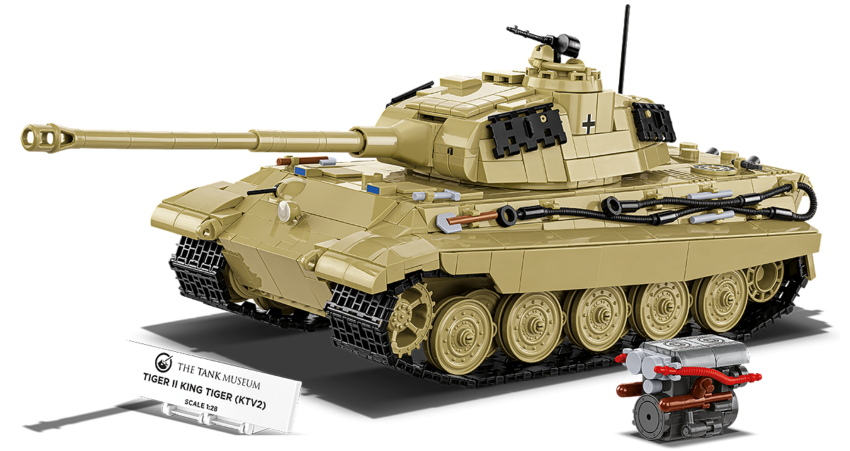 Kompletny zestaw ekspozycyjny TIGER II KING TIGER (KTV2) z modelem pojazdu, wyjętym silnikiem i tabliczką informacyjną.