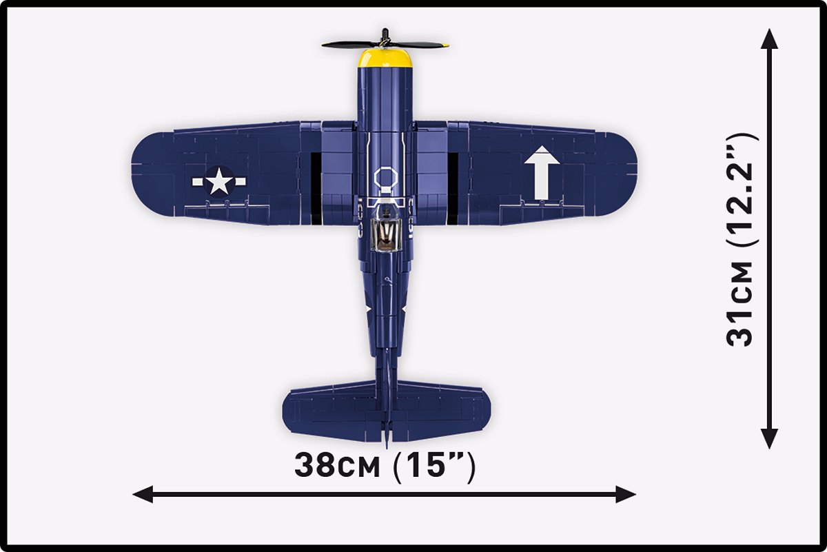 Widok z góry na model VOUGHT F4U-1D CORSAIR z oznaczeniem wymiarów.