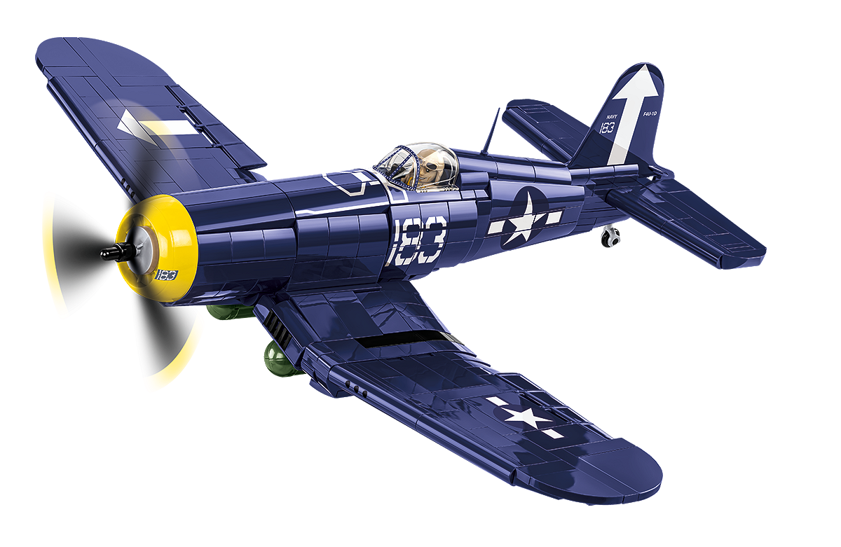 Model myśliwca VOUGHT F4U-1D CORSAIR z ruchomym śmigłem i figurką pilota w kokpicie.